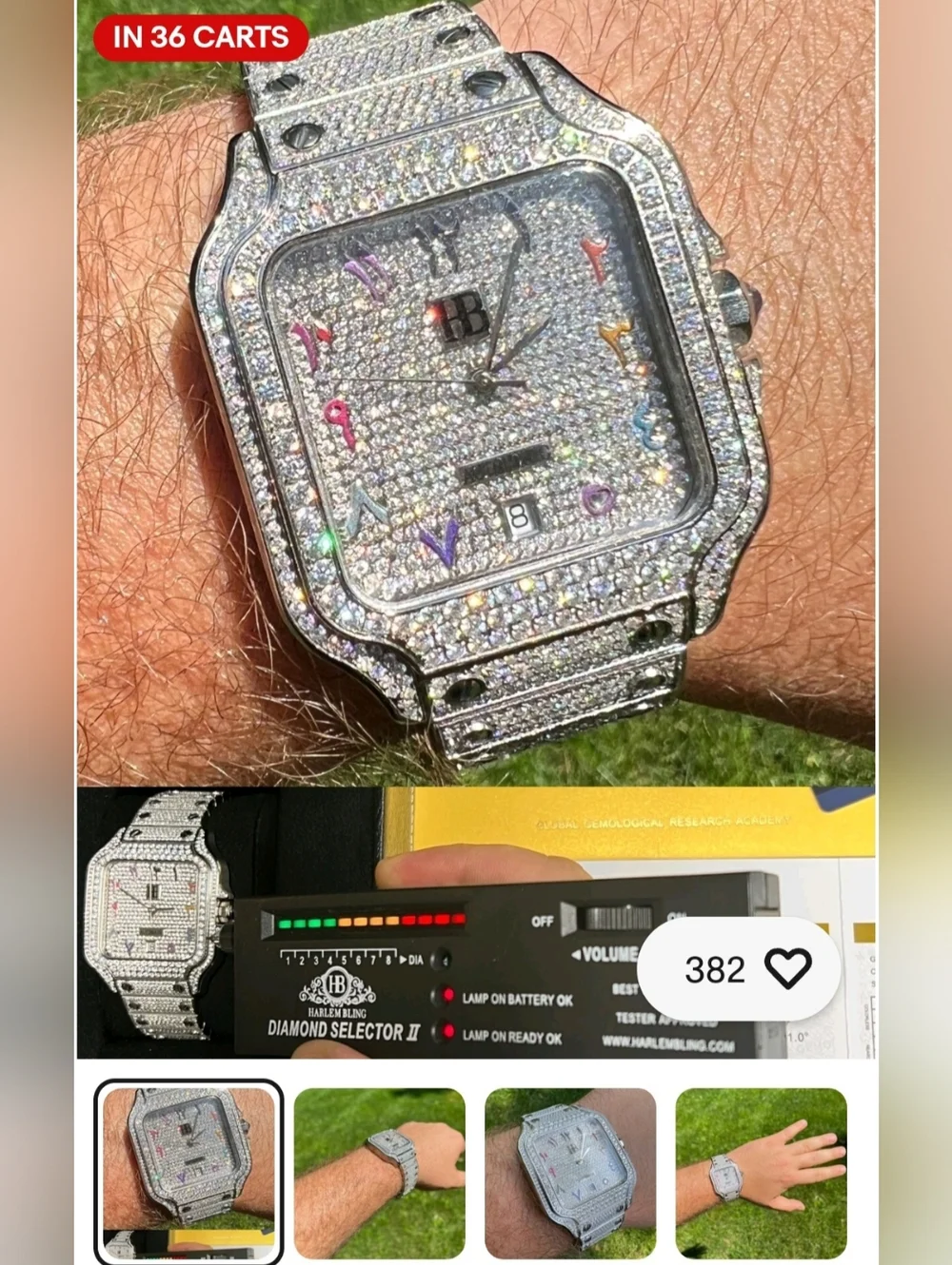 Iced Out 16ct MOISSANITE Watch Iced Automatic Movement Hip Hop Arabic Numbers - Picture 8 of 13